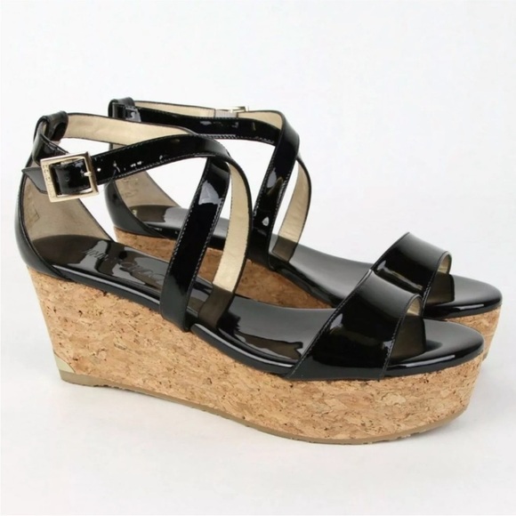 Jimmy Choo Portia 70 Black Patent Leather Wedge Sandals Size 36.5 - Picture 1 of 16